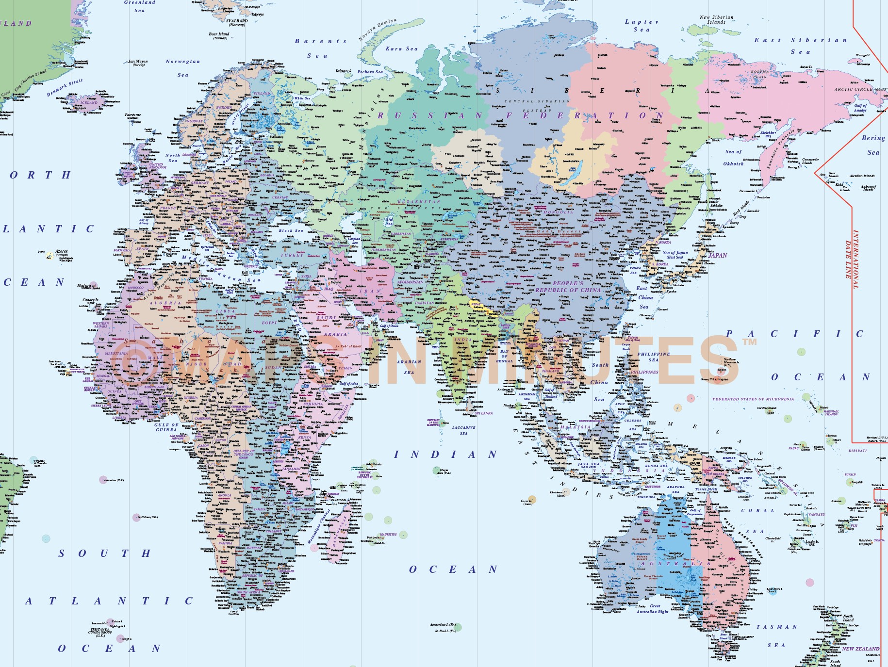 Detailed World Time Zones Map, Illustrator AI CS/CC editable vector format, Large scale Style 1