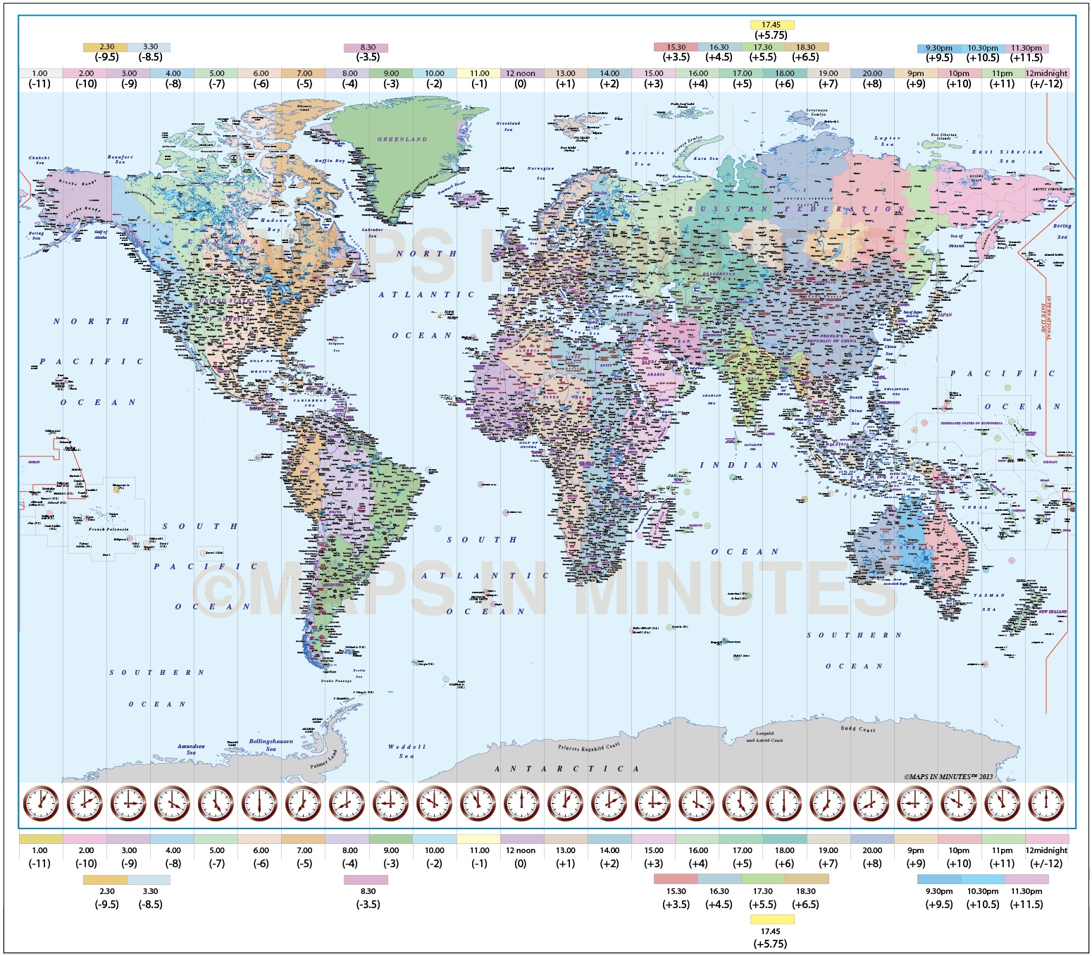 Detailed World Time Zones Map, Illustrator AI CS/CC editable vector format, Large scale Style 1