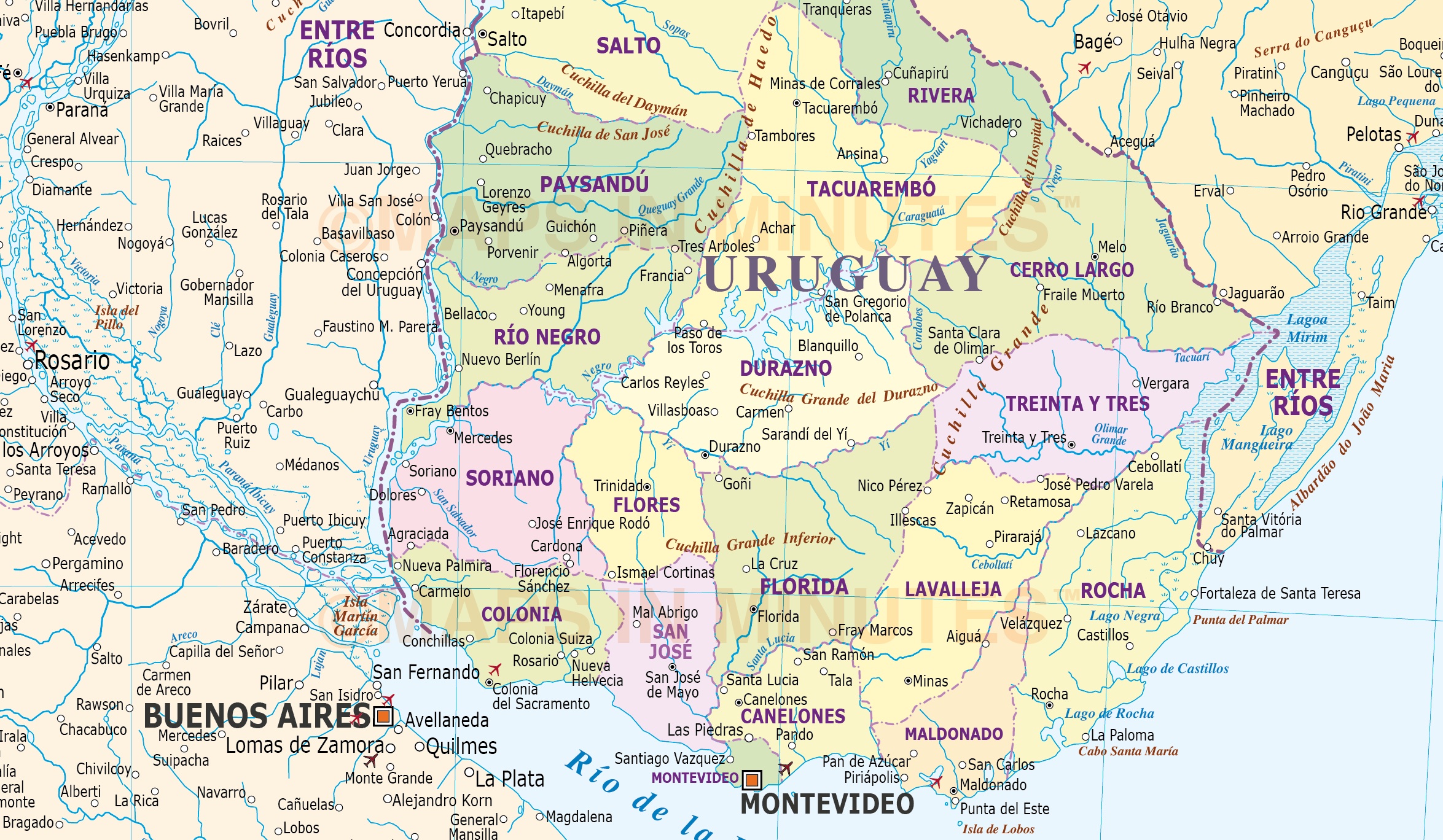 Uruguay digital vector political, road & rail map with land and ocean