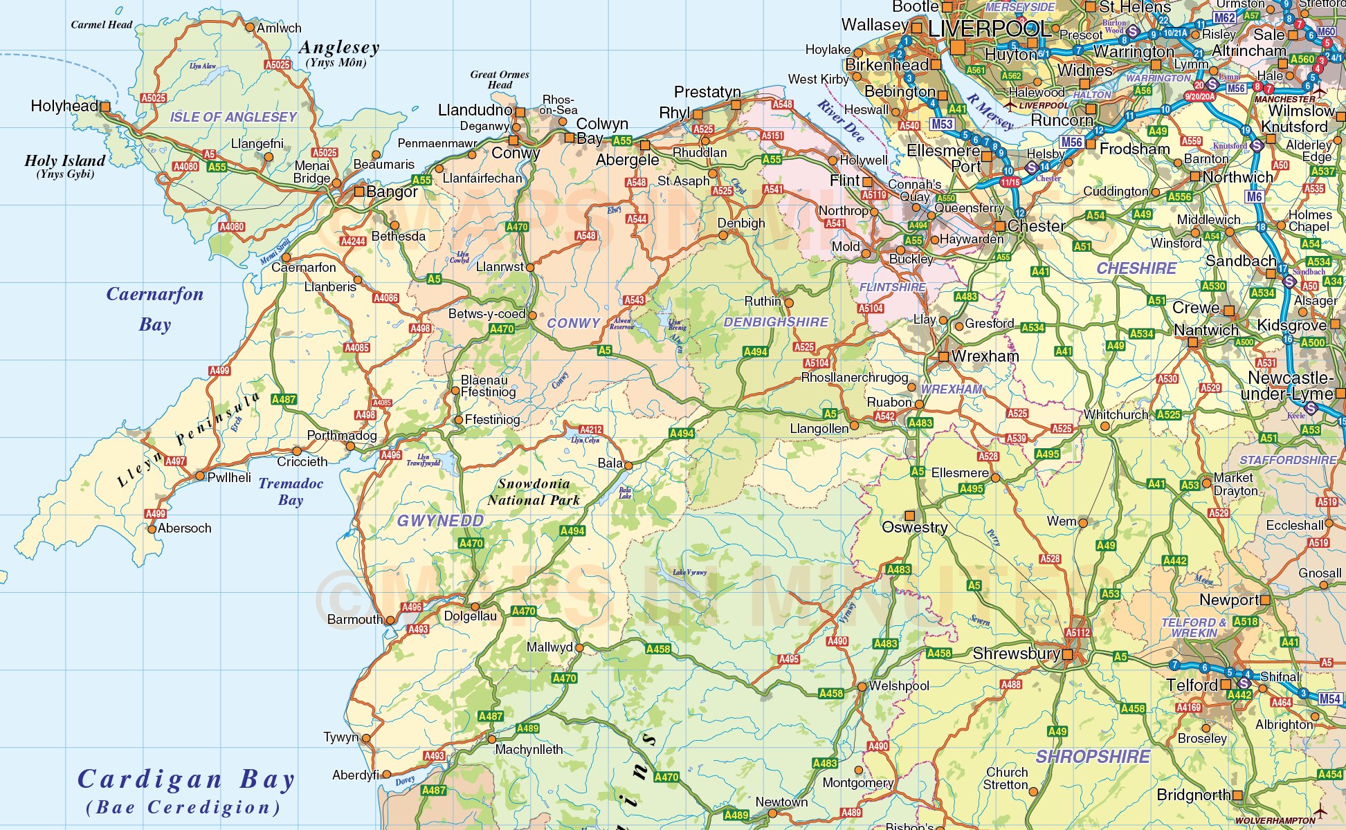 Wales 1st level County Road & Rail Map @1m scale in Illustrator and pdf format