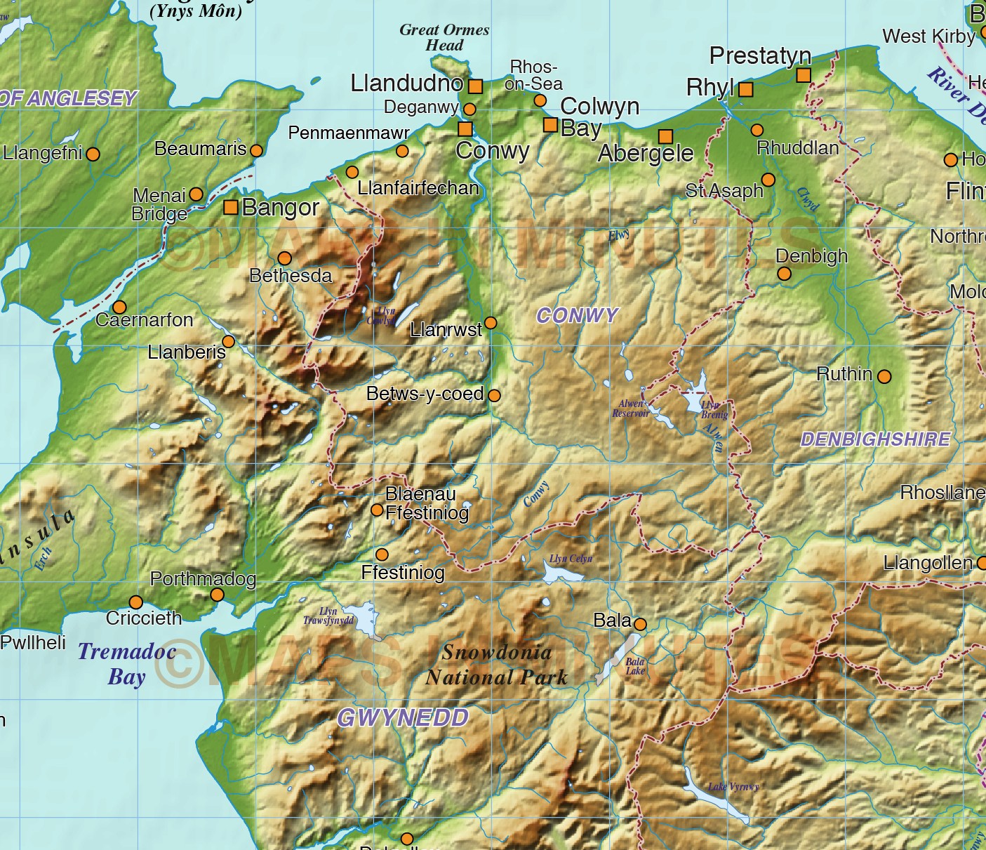 Wales 1st level Political Map with Strong relief @1m scale in illustrator vector format