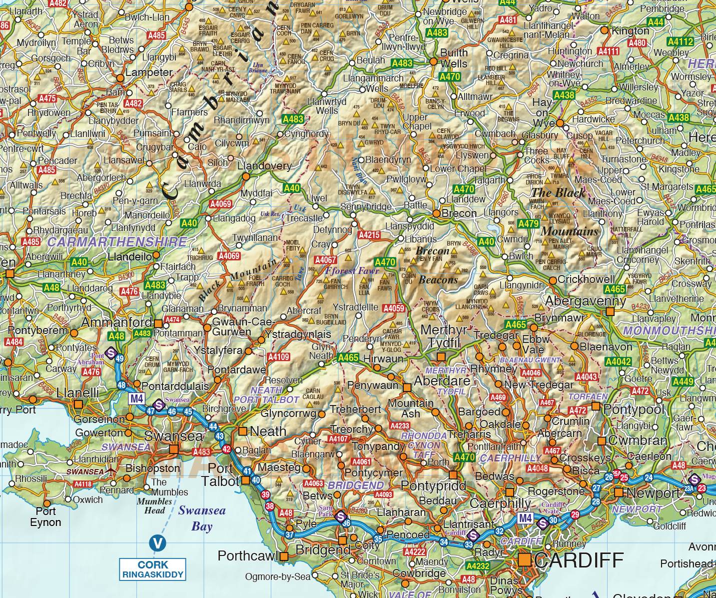 Detailed Wales Road and Rail Map in Illustrator AI vector format with Regular colour tiff relief 