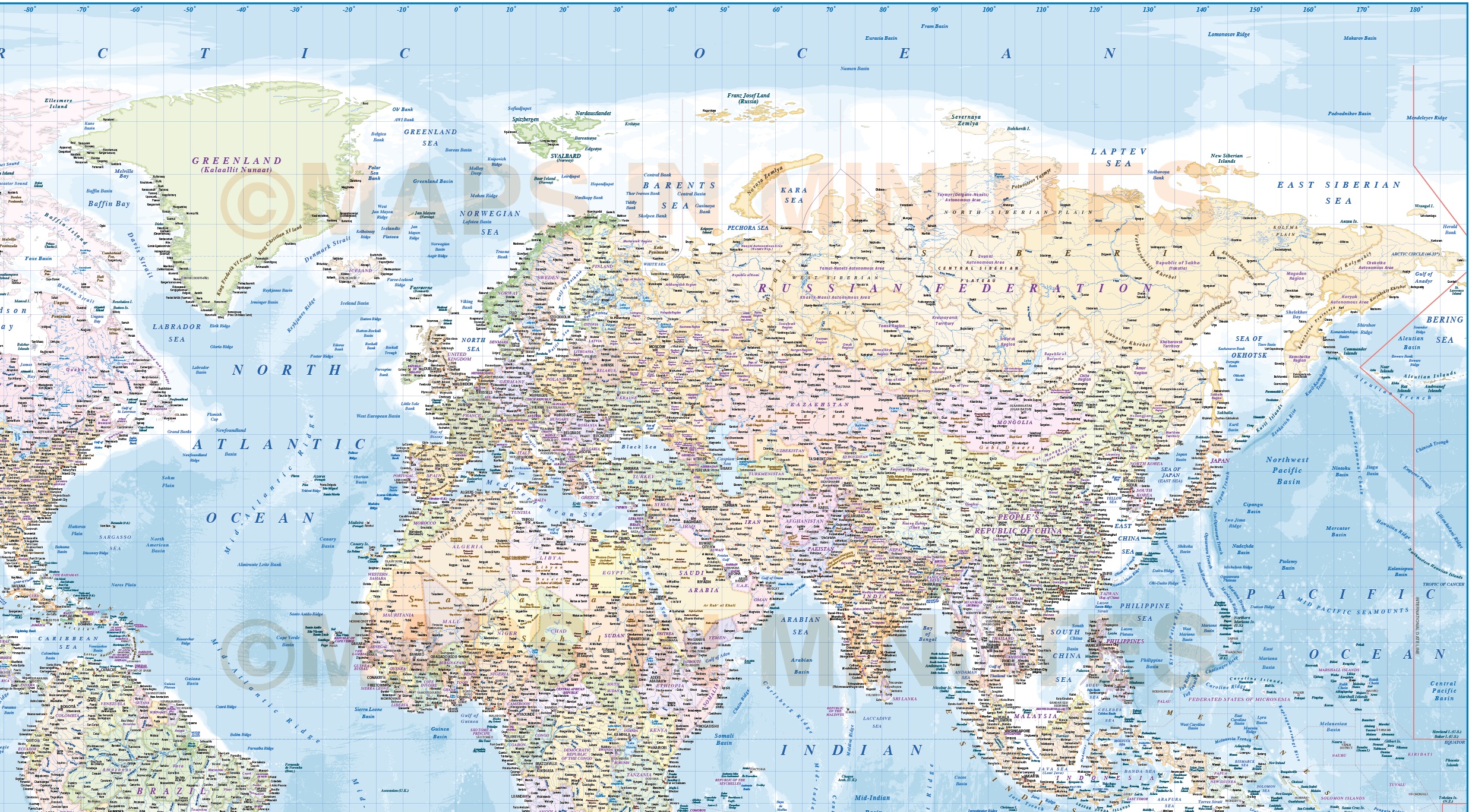 digital vector world map with ocean floor contours and